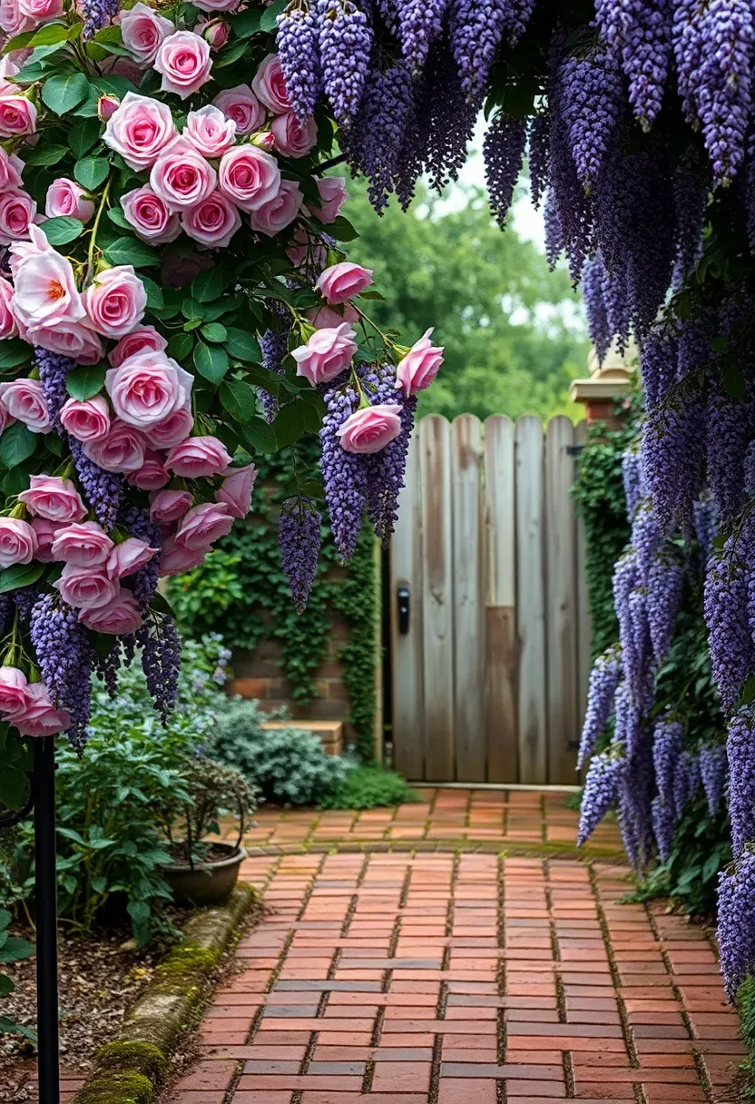 Garden archway covered in climbing roses and wisteria spanning a brick pathway with a wooden gate partially visible at the far end
