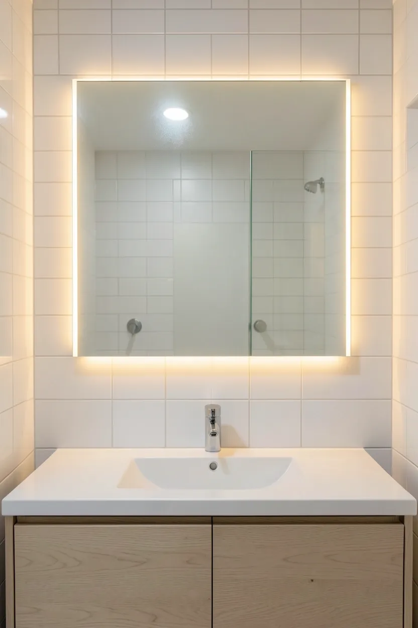 Integrated warm LED lighting behind a round mirror in a japandi bathroom — soft indirect glow for calm atmosphere