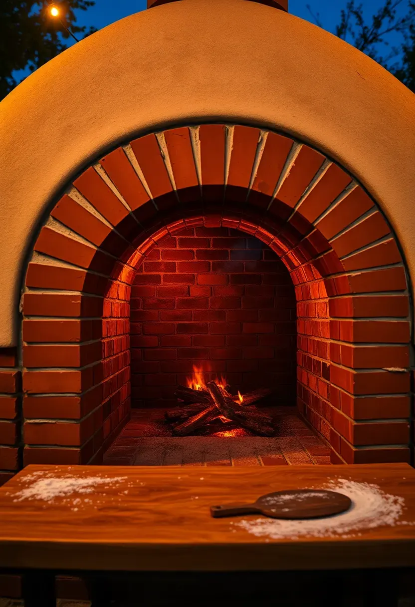 Brick pizza oven with arched opening glowing orange inside next to a wooden prep table in an evening backyard setting