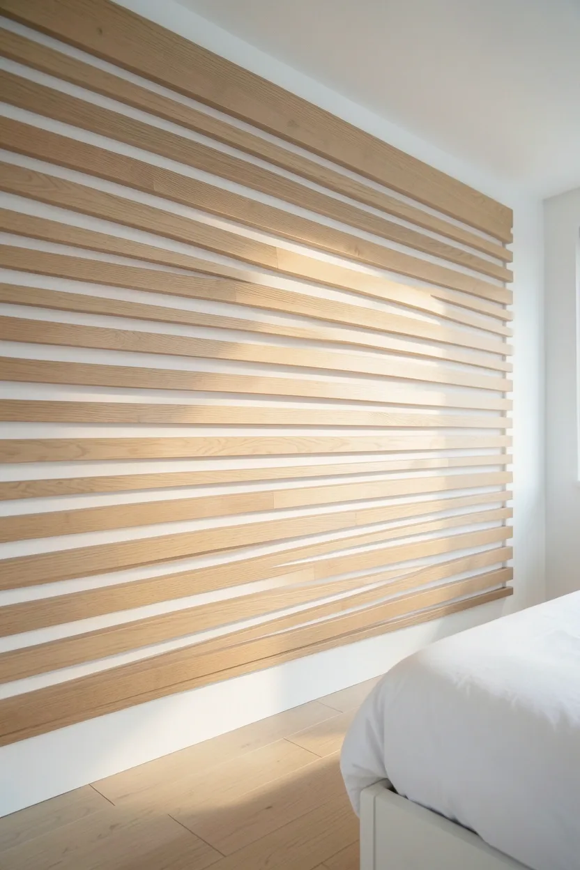 White accent wall with horizontal light wood slats behind bed in a Japandi minimalist bedroom