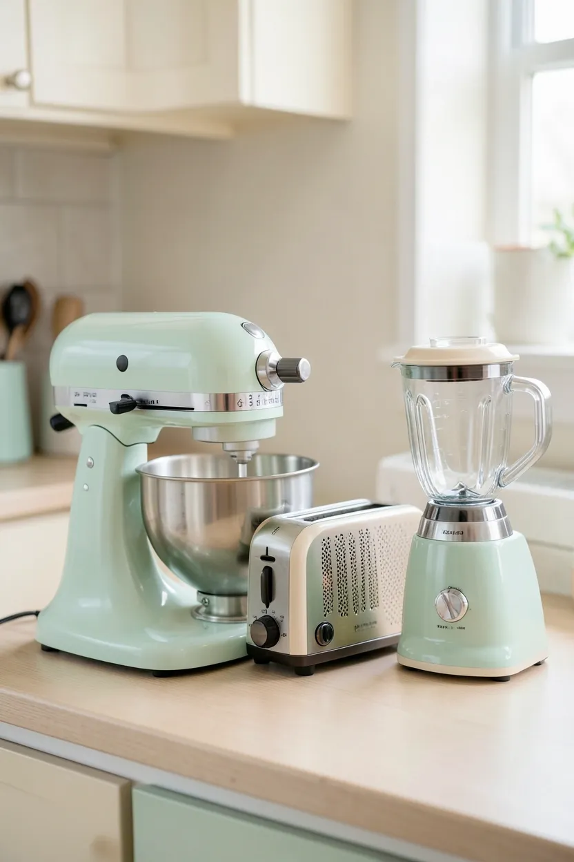 Mint green vintage-style stand mixer and cream retro toaster on a kitchen counter — budget-friendly modern vintage appliances for renters