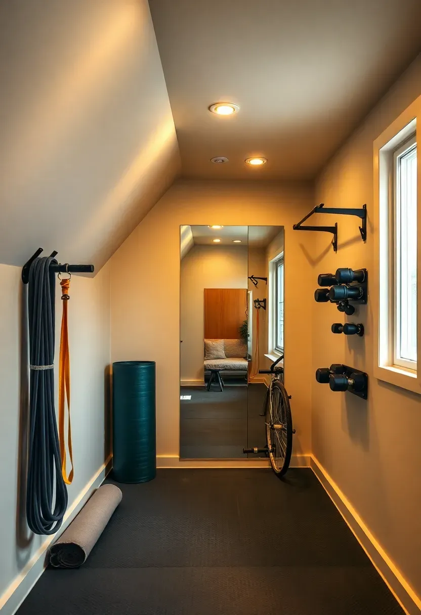 Compact home gym nook built under stairs with yoga mat, resistance bands, and adjustable dumbbells on a wall-mounted rack