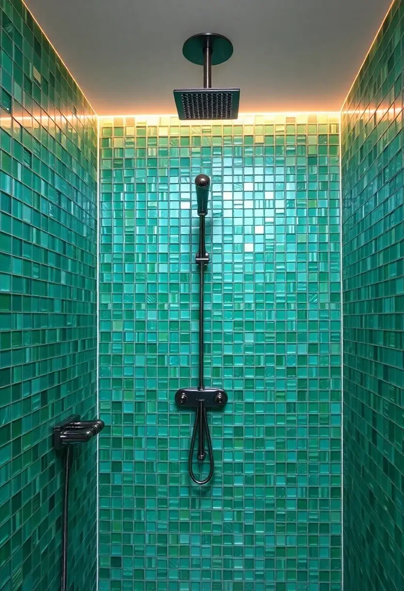 Shower wall covered in iridescent green glass mosaic tiles with recessed LED strip lighting and rainfall shower