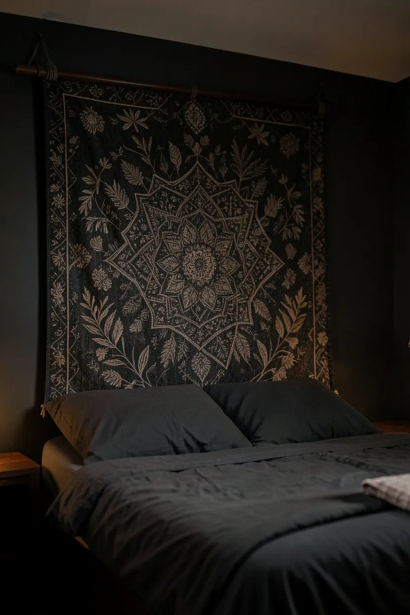 Boho bedroom corner with dark seagrass woven baskets in varying sizes for blanket and pillow storage under nightstand