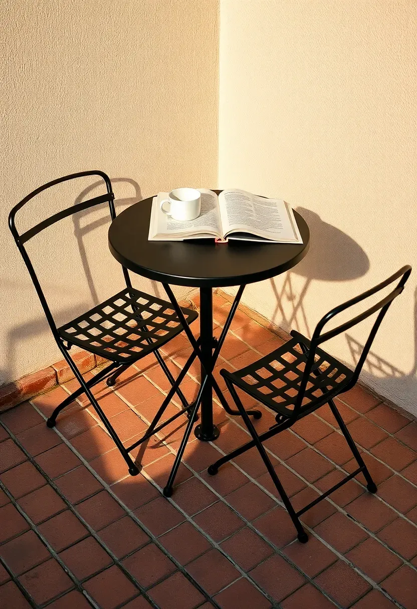 A small round steel bistro table and two folding chairs painted matte black on a brick patio corner with a coffee cup and book