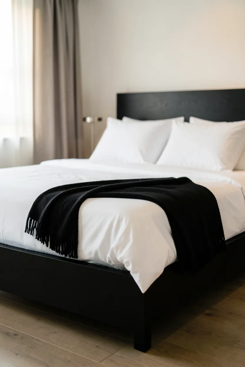 Sleek black metal bed frame with crisp white linen bedding against white walls in a modern rental bedroom