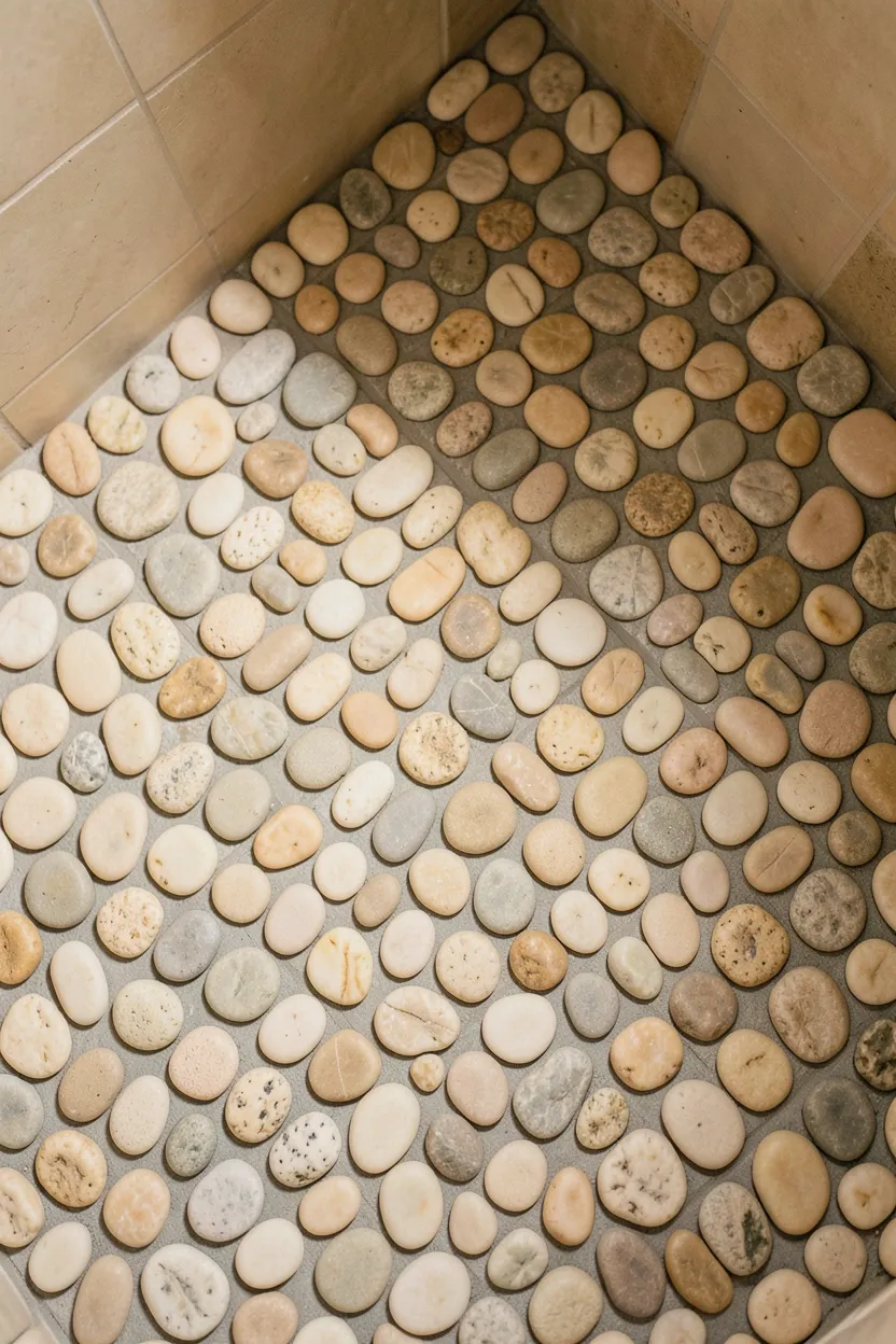 Natural river pebble floor mosaic in soft grey and cream tones inside a japandi shower — Japanese garden texture