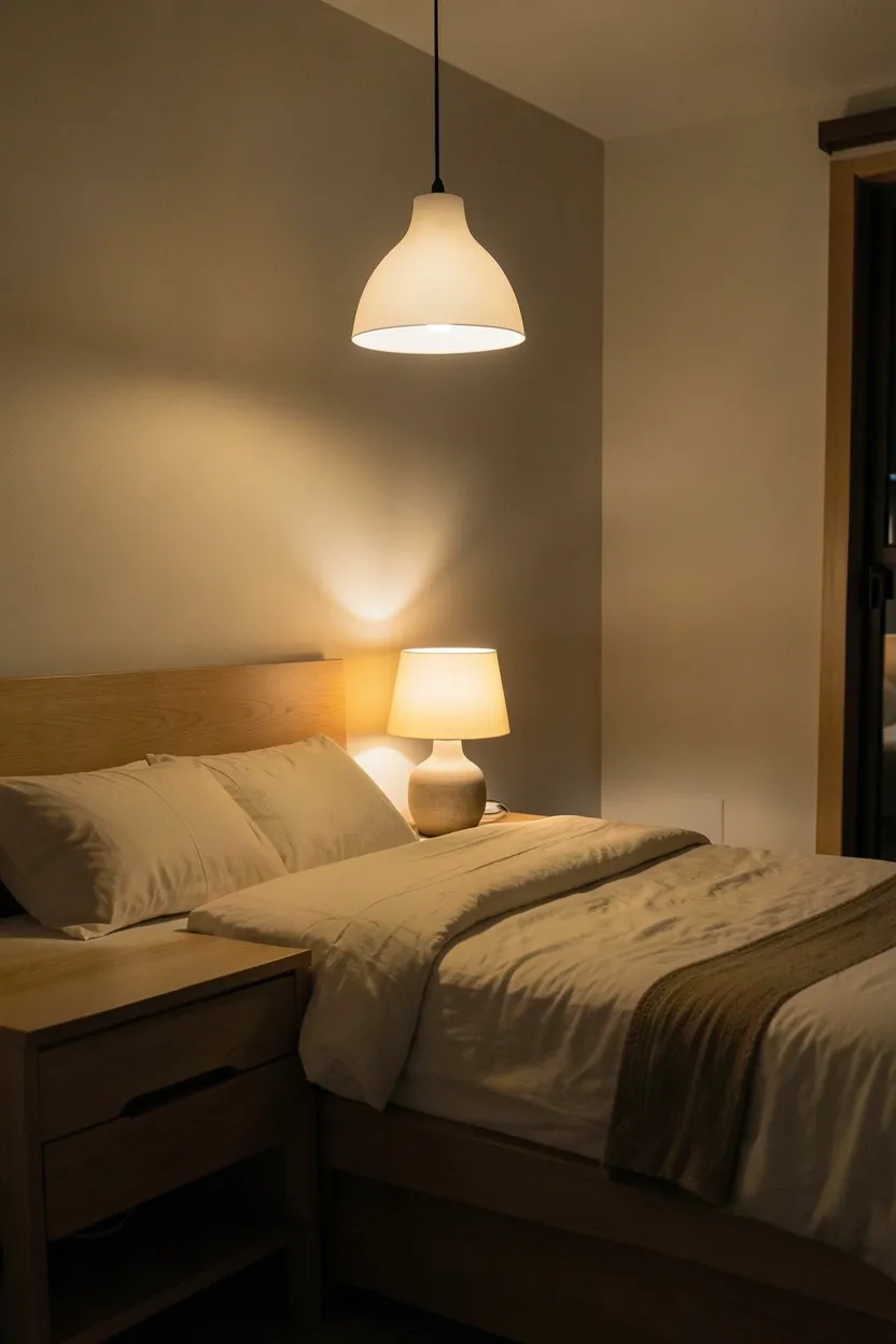 Layered warm amber lighting from rattan table lamp and floor lamp in tropical Japandi bedroom