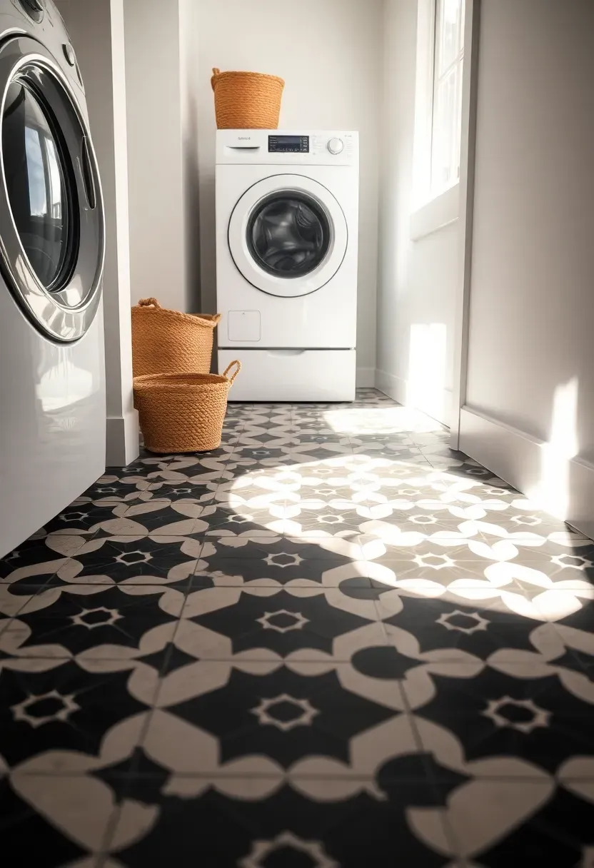 Patterned cement tile floor in black and white geometric design in a modern laundry room with stacked machines and white walls