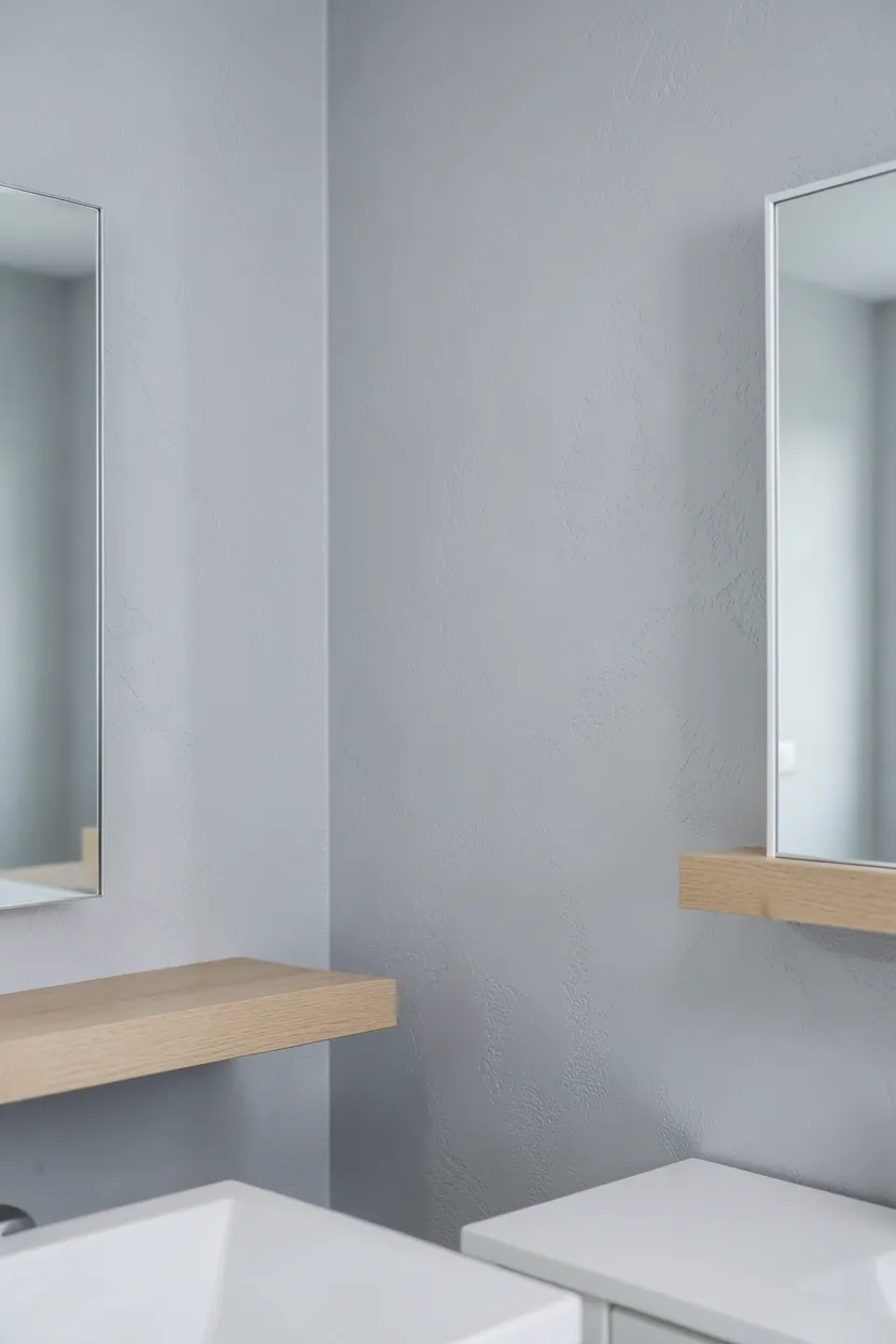 Blue ceramic tile border trim installed at chair rail height in a white bathroom, adding a calming decorative accent
