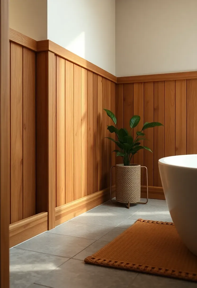 Natural aromatic cedar baseboard with a clear satin finish in a spa-inspired bathroom with stone tile floor