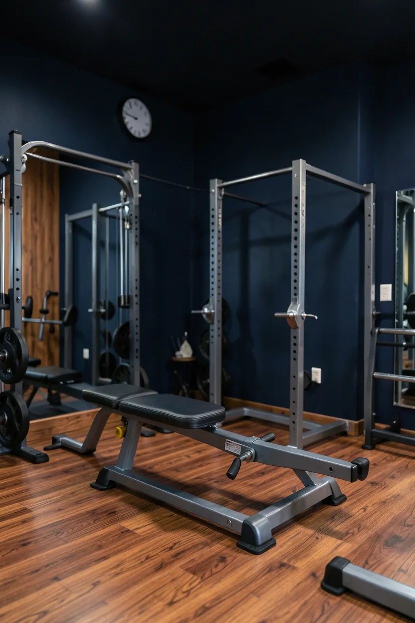 Home gym with dark navy blue walls and warm maple wood trim and shelving, brass fixtures adding warmth to the moody space