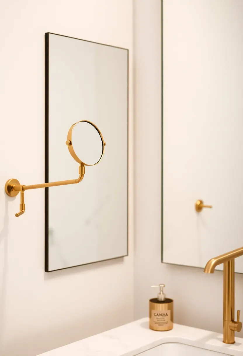 Small round magnifying mirror on an extending pivoting arm mounted to the side wall next to a larger vanity mirror, with brass finish