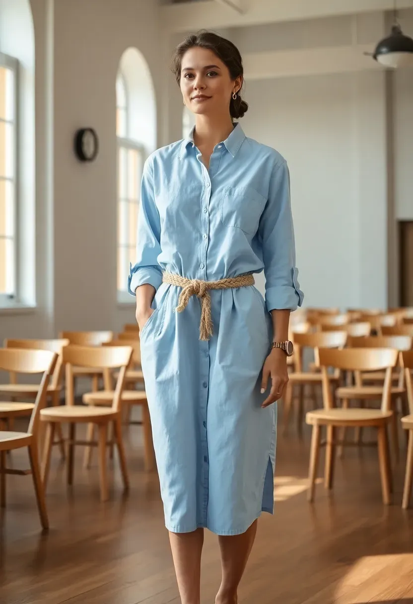 woman in a light blue cotton shirt dress with rolled sleeves and a woven belt at a daytime baby shower