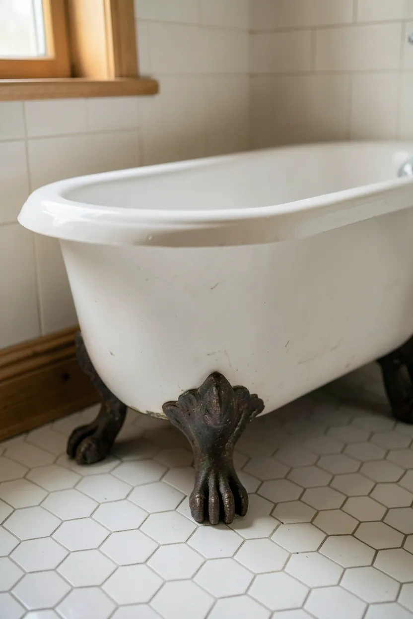 White cast iron clawfoot tub with aged brass claw feet as centerpiece in a modern farmhouse bathroom with shiplap walls