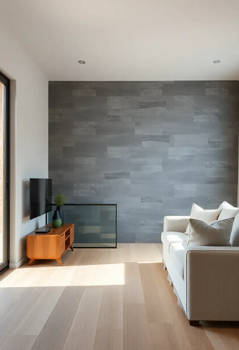 Hyper-realistic 3/4 view of minimalist living room featuring floor-to-ceiling slate accent wall with visible natural stone variations and subtle grey-blue tones. Light oak flooring, low walnut media console, cream linen sofa. Materials: natural slate stone, white oak wood, walnut, linen. Natural light from side window, stone creating cool shadow depth. Warm wood balancing cool stone texture. Clean composition with stone wall as focal point. Shallow depth of field, sharp details on stone texture. No text, no logos, no watermarks.</p>