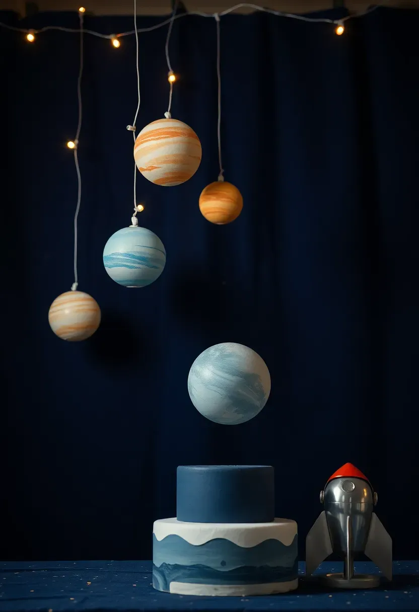 space explorer baby shower with dark blue galaxy backdrop hanging planets silver rocket ship centerpiece astronaut helmet display and constellation string lights