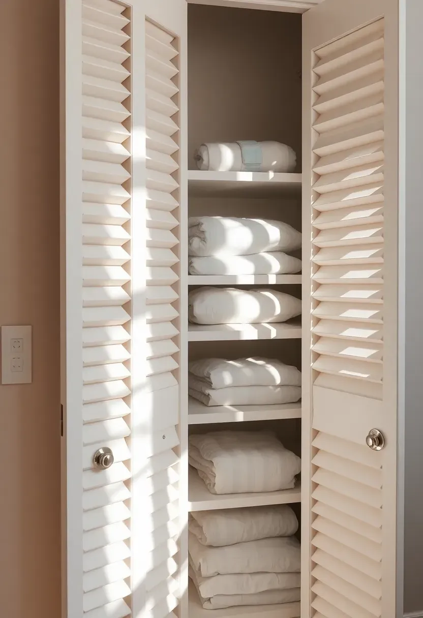 Bathroom closet with white louvered bifold doors allowing airflow to linens inside