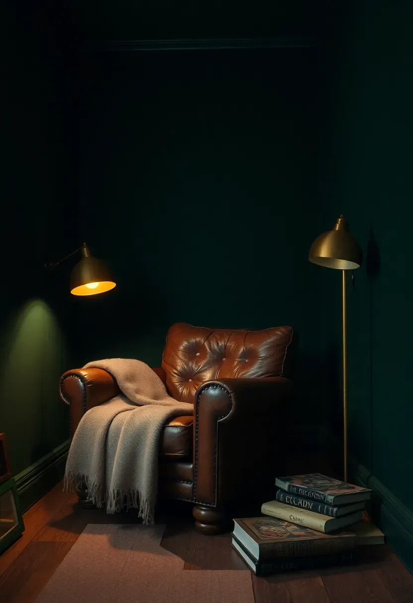 Moody basement den painted dark forest green with leather armchair and warm reading lamp