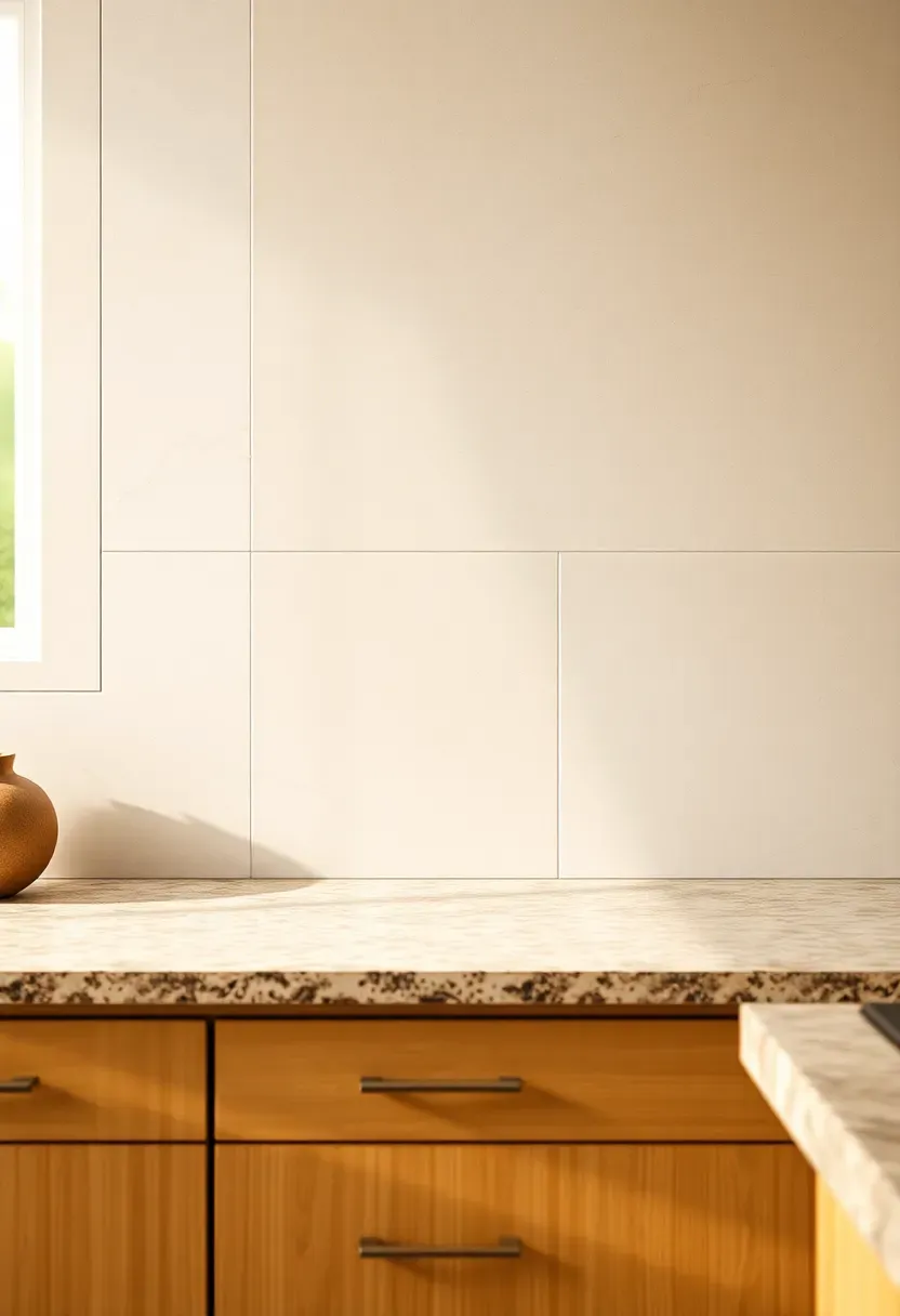 natural quartzite field tile backsplash in warm ivory and gray tones above fantasy brown granite countertop and light wood cabinets