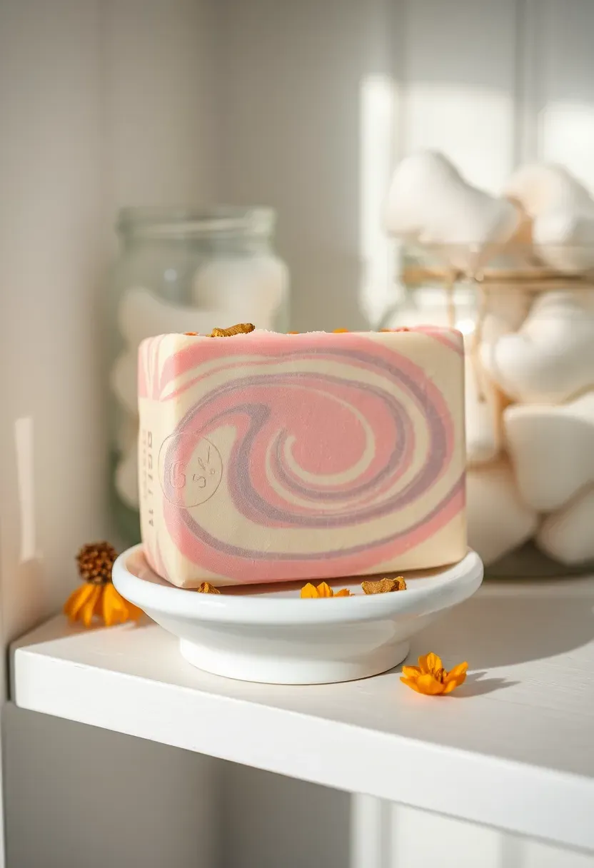 handmade soap bar with swirled pastel colors wrapped in wax paper with a botanical stamp