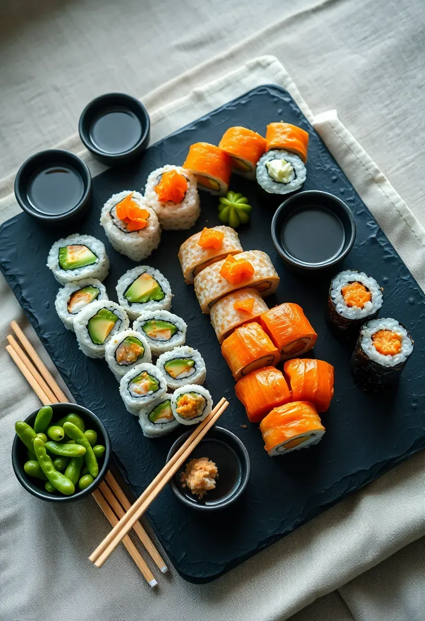 sushi roll platter for a baby shower with California rolls, avocado rolls, shrimp tempura rolls, and edamame on a dark slate board with ginger, wasabi, and soy sauce