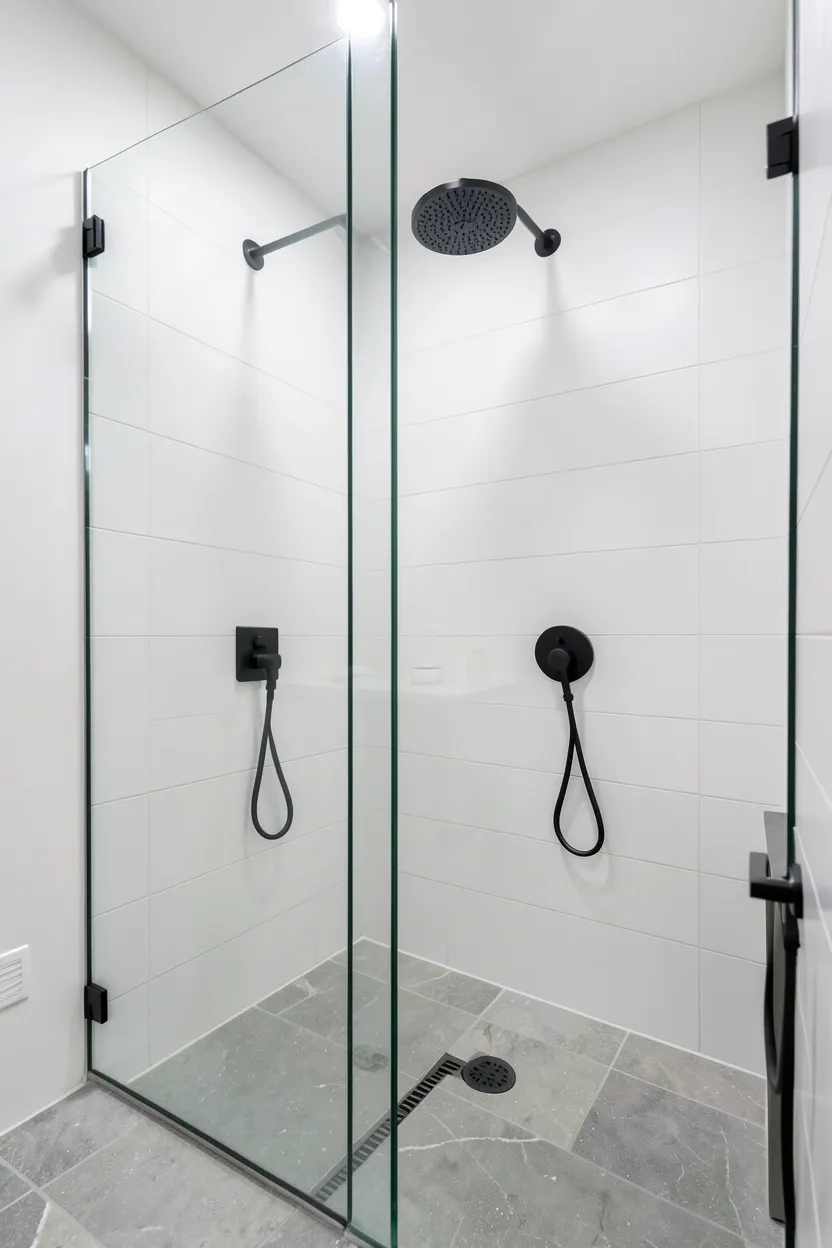 Spacious walk-in shower with overhead rainfall head and frameless glass enclosure in a Toca Boca mansion bathroom