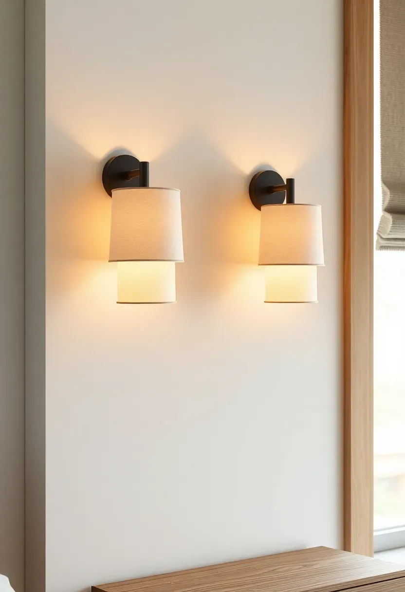 Wall-mounted sconces with fabric shades freeing up nightstand surface