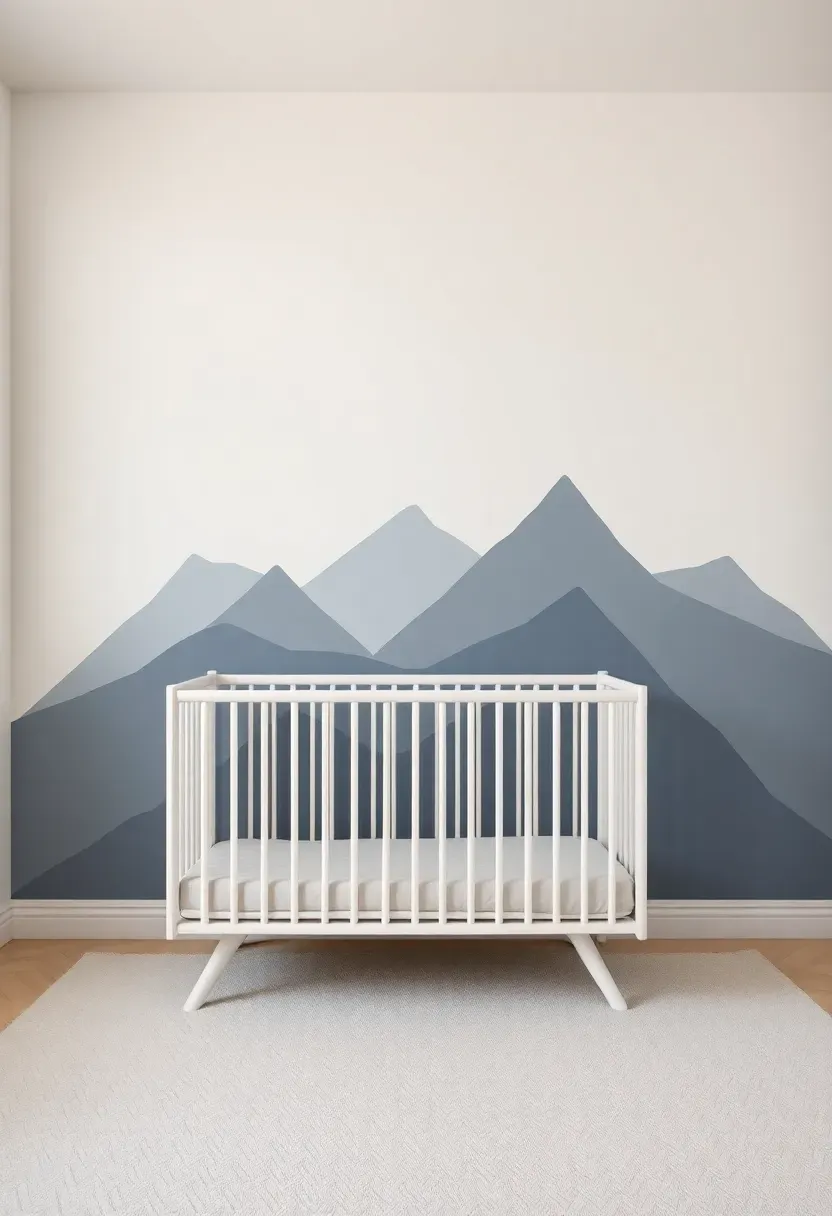 simple adventure-themed mural on one wall of small baby boy nursery with mountain horizon and soft colors