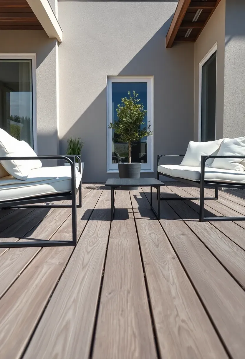 Clean modern composite deck in warm gray tones with no visible screws, sleek outdoor furniture, and a minimalist railing