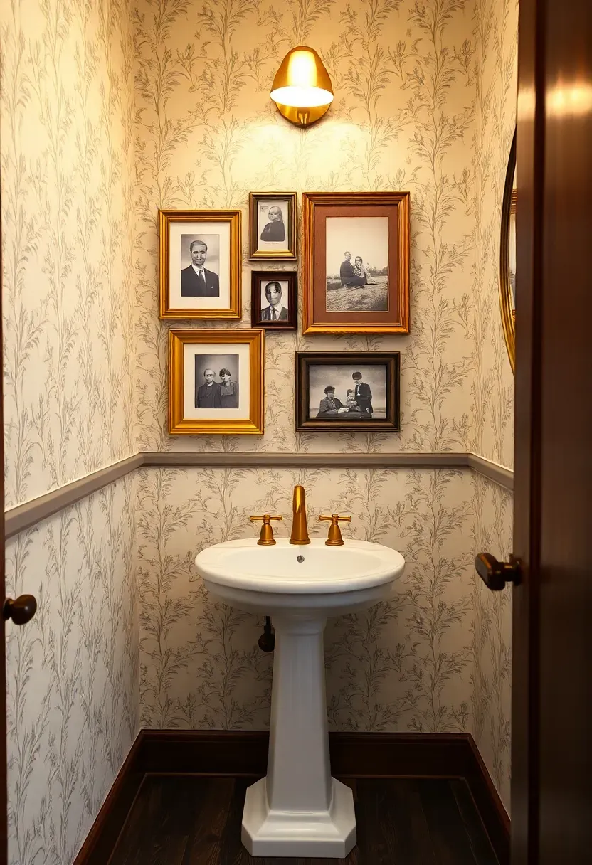 Powder room with a wallpapered accent wall holding five family photographs in mixed gold and silver frames above a small marble pedestal sink