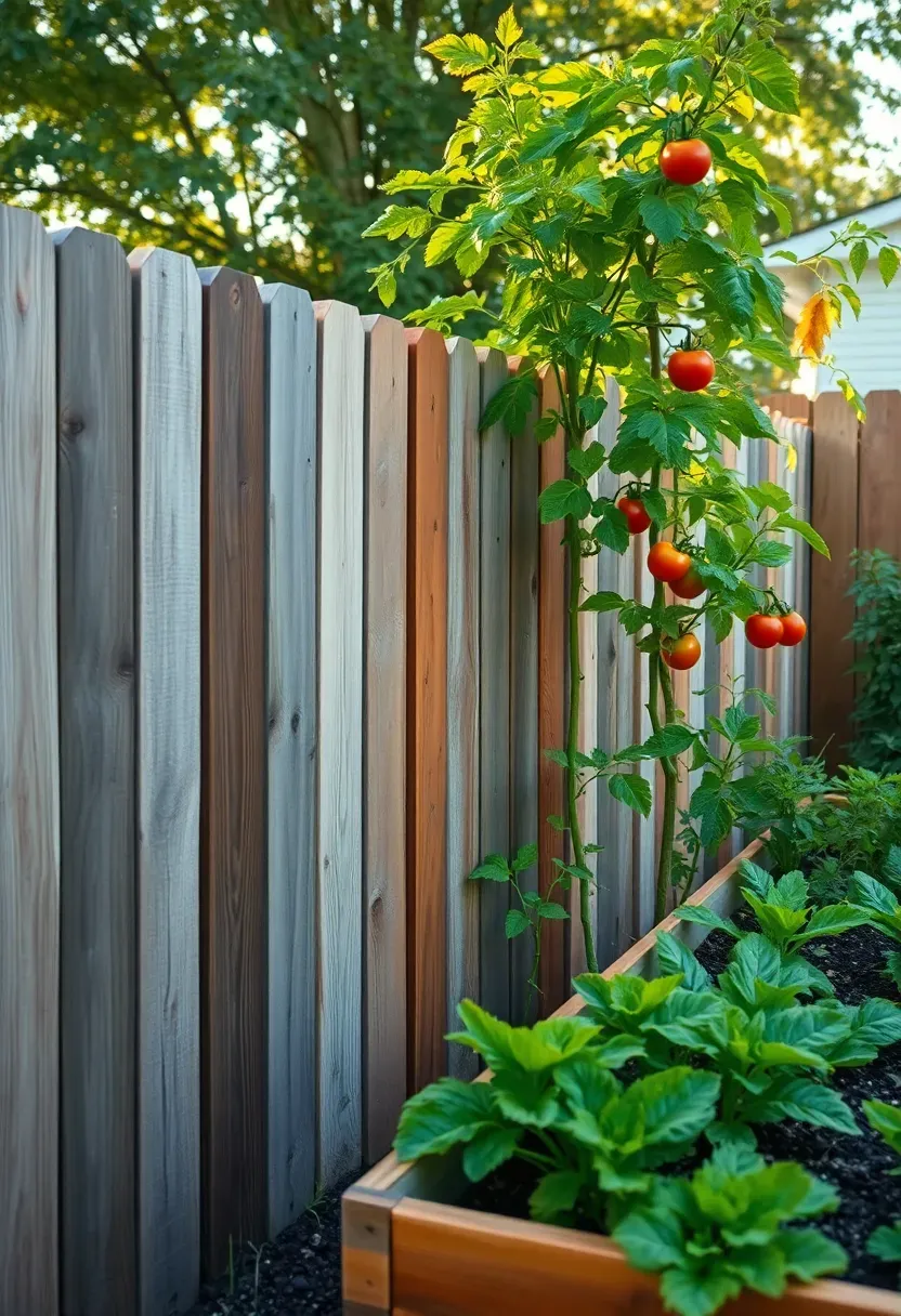 Rustic pallet wood fence in a backyard with mismatched plank widths and a weathered patina beside a vegetable garden