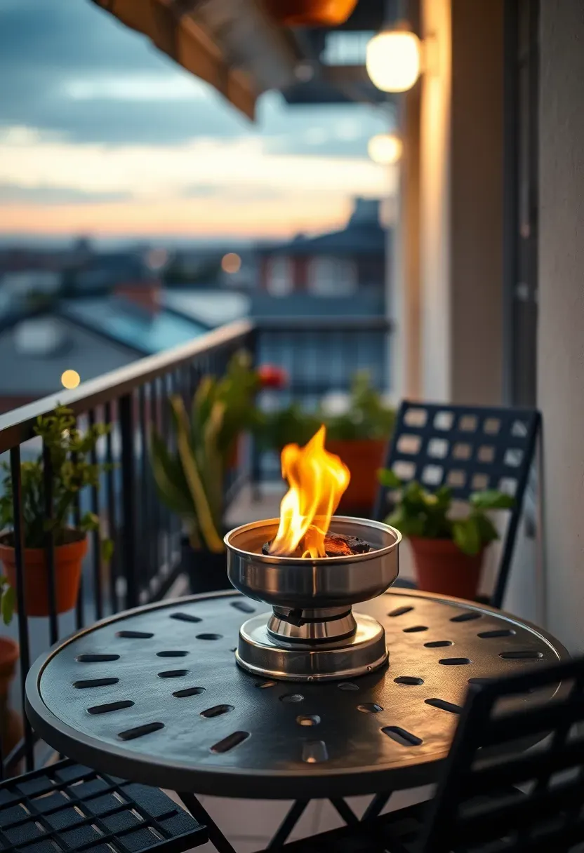 A compact gas tabletop firepit on a small apartment balcony patio with two chairs and potted herbs