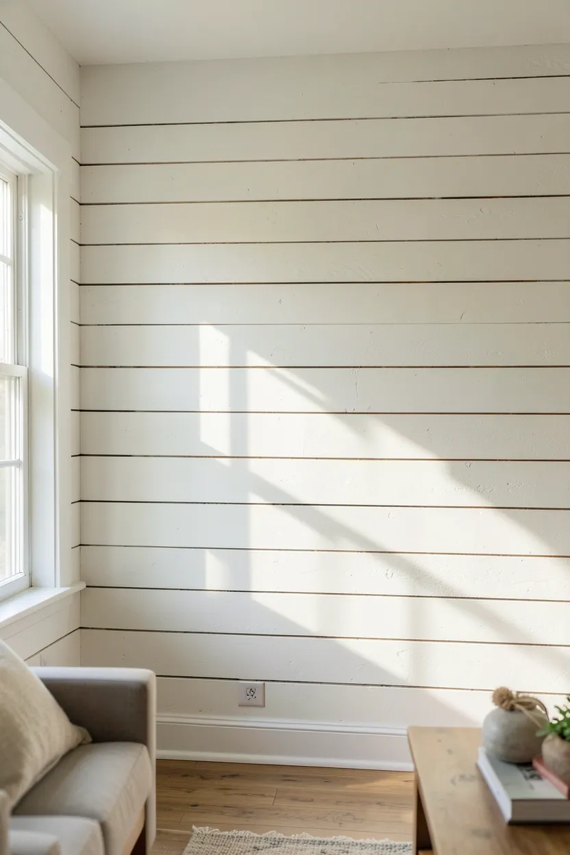 White painted shiplap accent wall adding texture and farmhouse charm to a bright living room