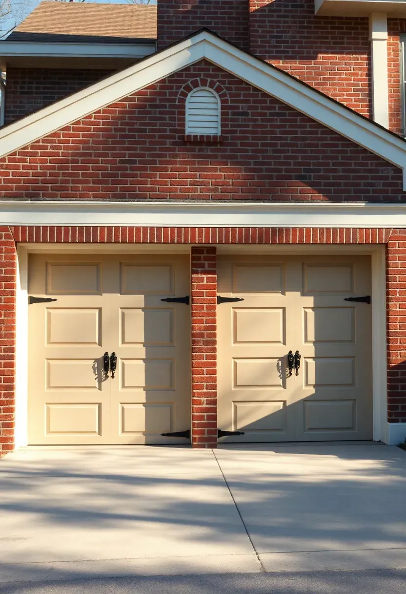 Double-bay attached garage with matching brick exterior and two carriage-style doors