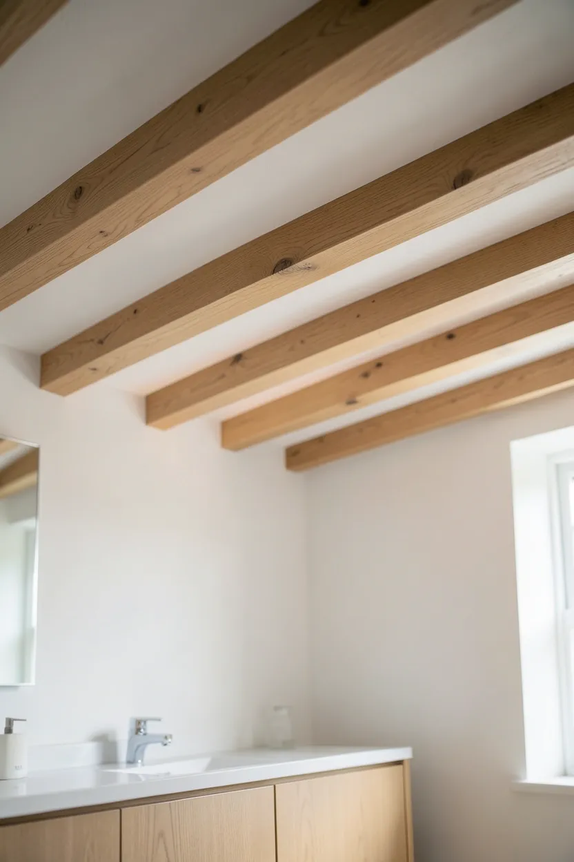 Cedar wood ceiling beams in warm reddish-brown tones spanning a small apartment bathroom ceiling, creating spa-like natural warmth above white fixtures