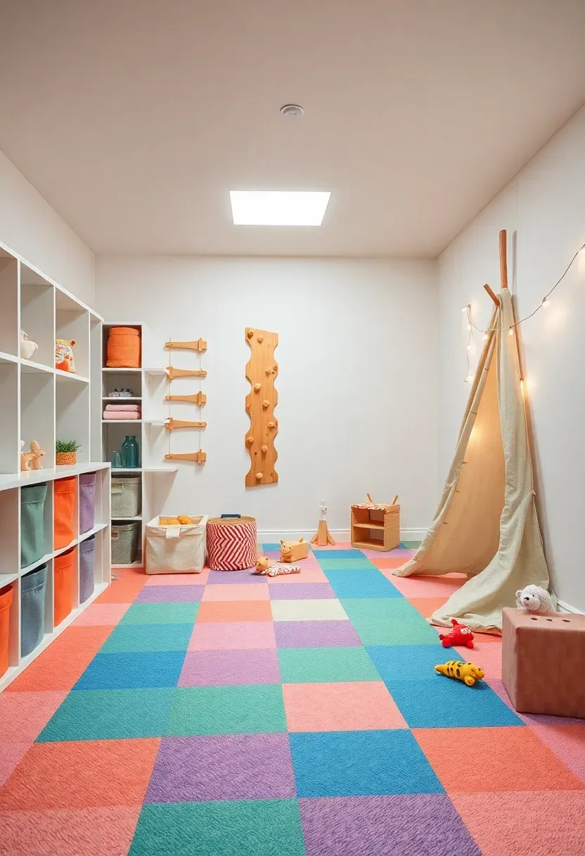 Bright basement playroom for kids with colorful foam floor tiles, low shelving with toy bins, a small climbing wall, and a reading tent in the corner