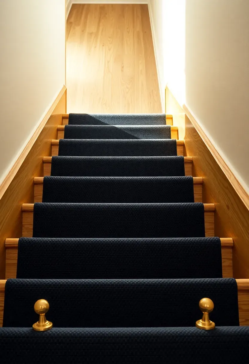 wooden basement stairs with a tightly fitted dark navy carpet runner and brass stair rods