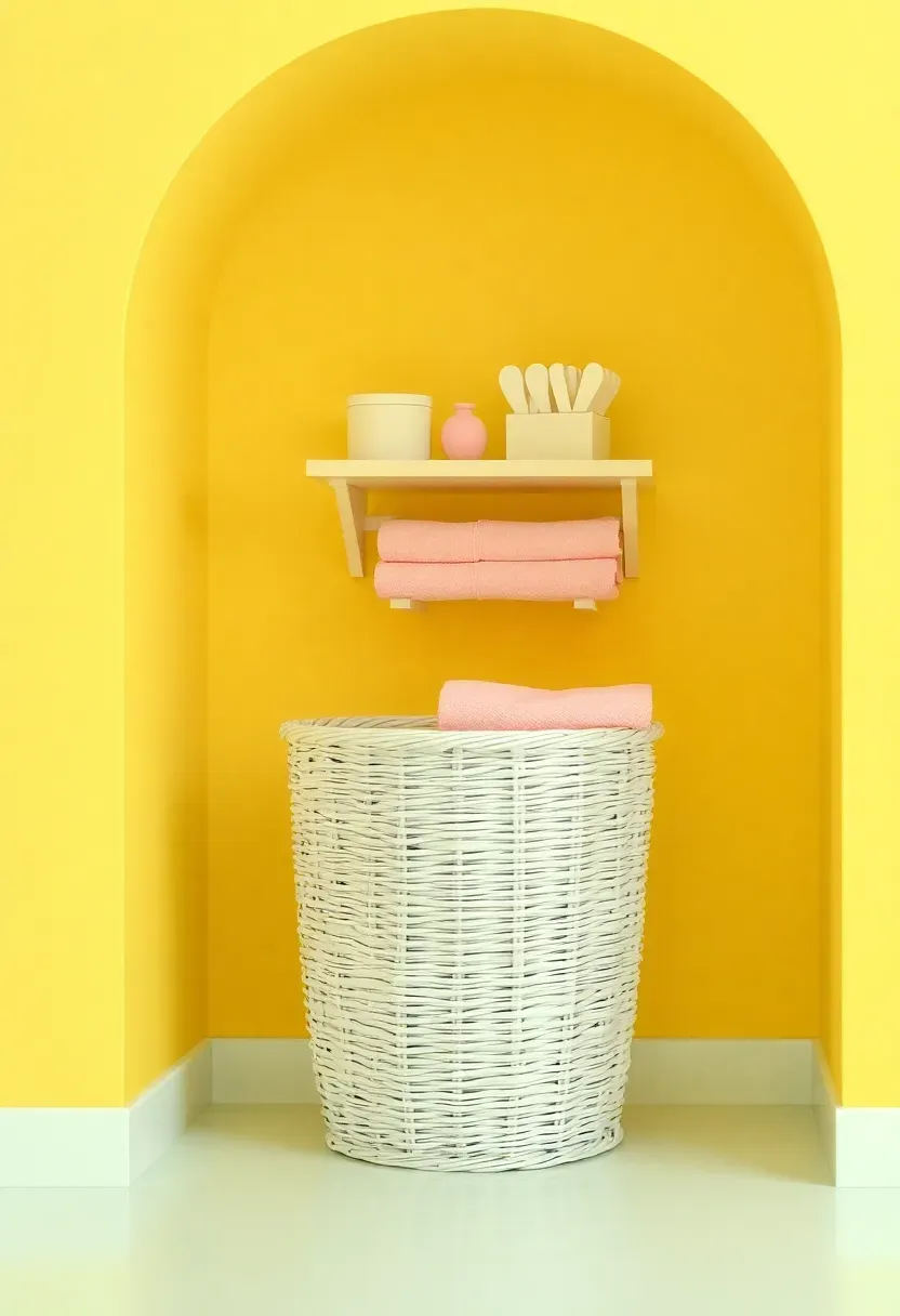 Small bathroom laundry nook with yellow accent wall, mint green rounded laundry basket, and soft pink towels — rental-friendly storage corner