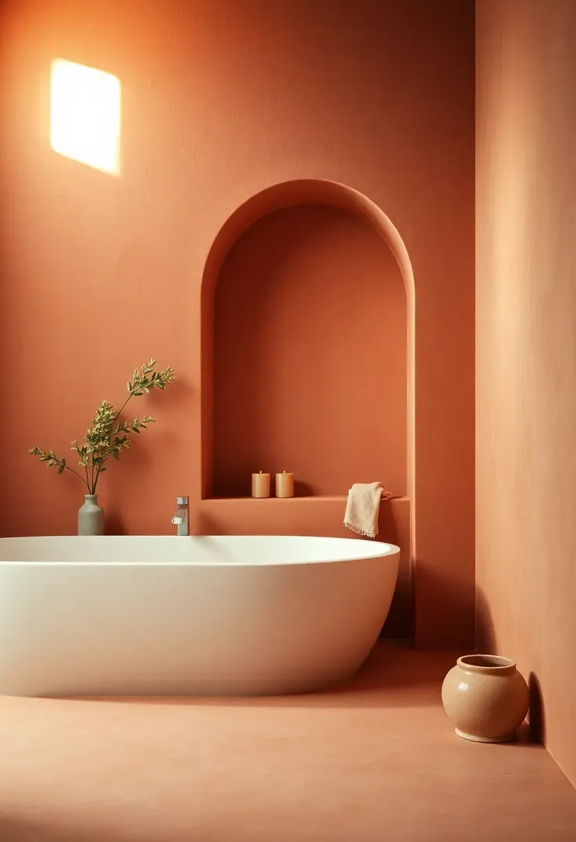 Tadelakt lime plaster floor and walls in warm pink terracotta tone in a Moroccan inspired bathroom with arched niche
