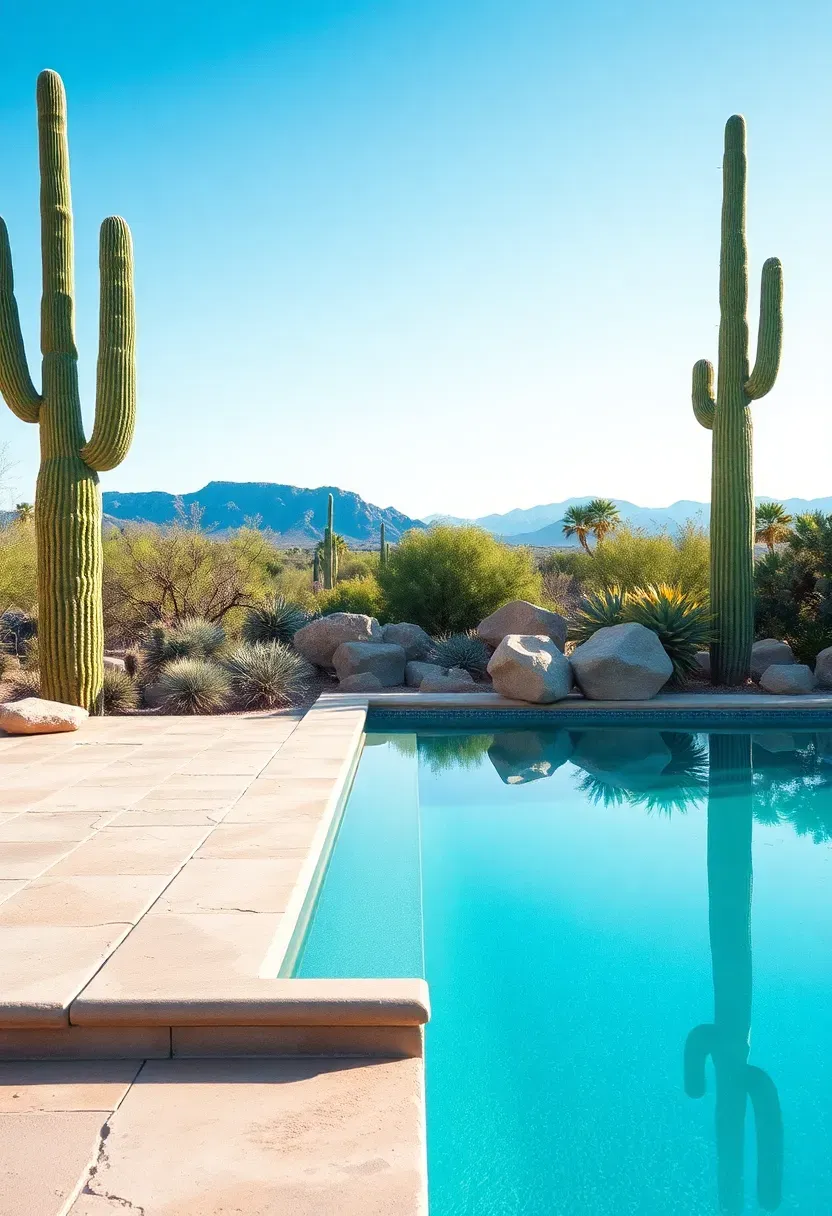 Arizona desert poolscape with a negative edge pool surrounded by saguaro, boulders, and desert plants with mountain view backdrop
