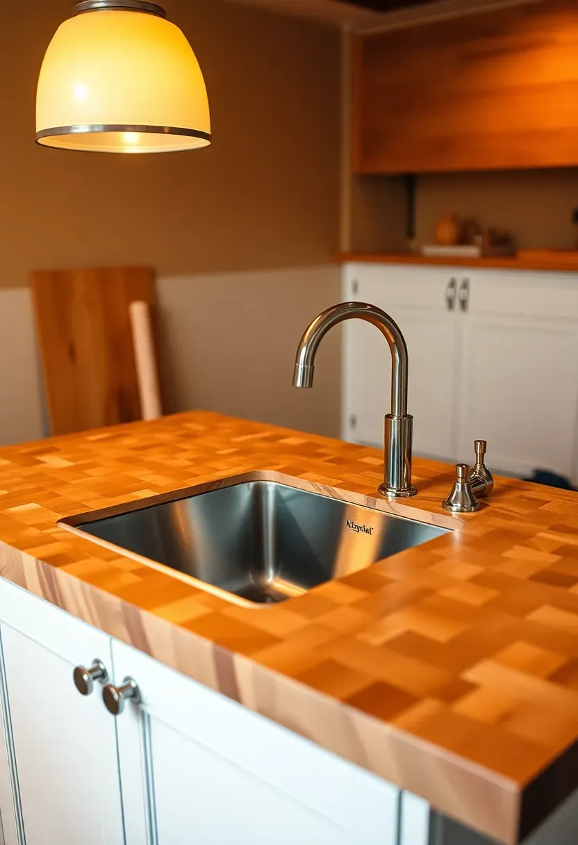 basement wet bar with thick end-grain butcher block countertop and a drop-in stainless bar sink with simple chrome faucet