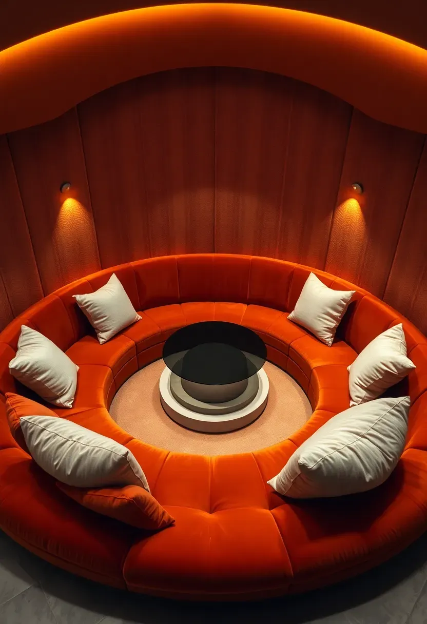Retro-inspired sunken conversation pit with built-in curved seating, plush cushions, a round central table, and warm recessed lighting