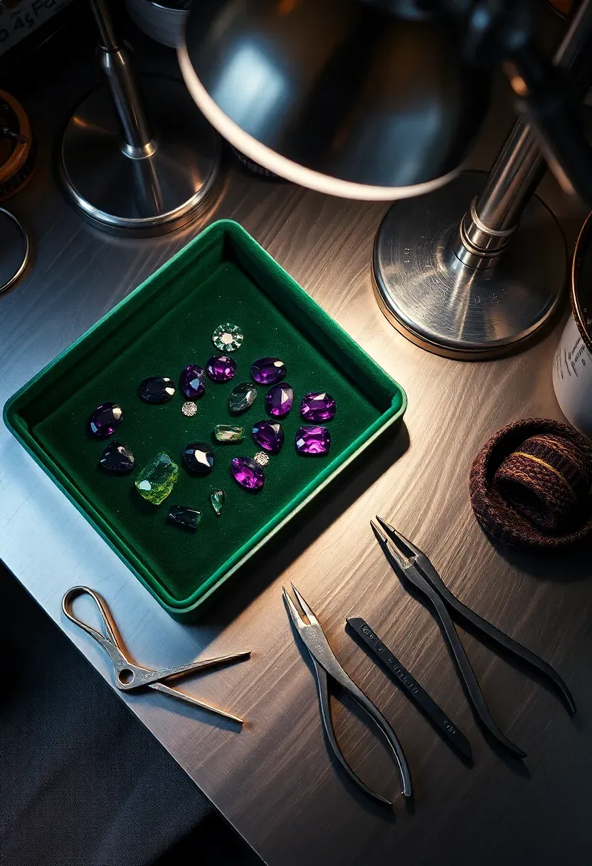 She shed jewellery making workshop with velvet-lined gemstone tray, stainless steel jeweller's bench, fine pliers and wire cutters in a row, magnifying loupe on stand, chrome task lamp