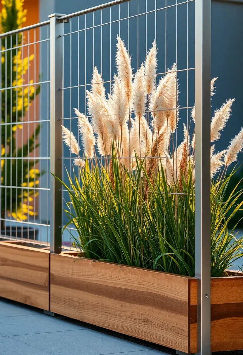 Horizontal cable rail fence with built-in wooden planter boxes growing tall ornamental grasses for backyard privacy