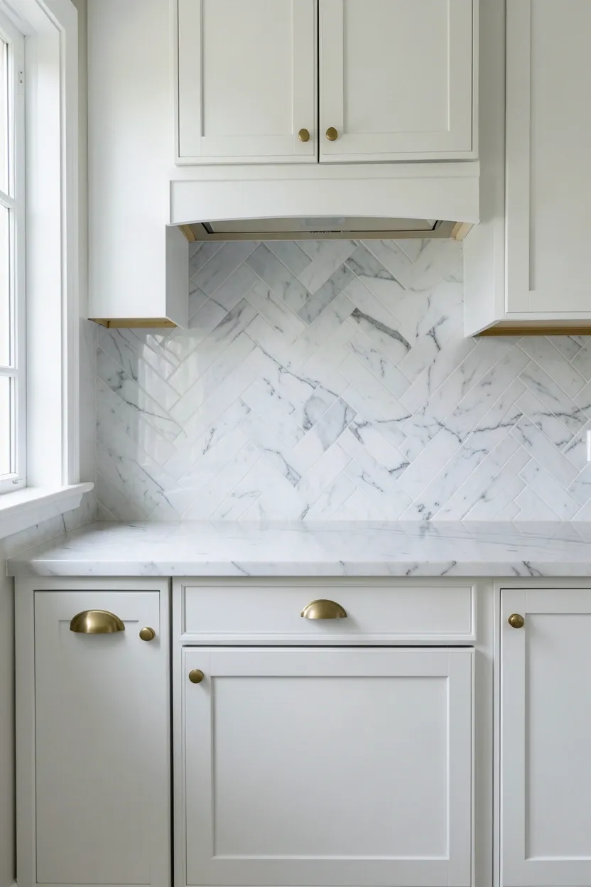 Hyper-realistic eye-level photograph of an elegant kitchen featuring a herringbone pattern marble backsplash. The tiles are white Carrara marble with subtle grey veining, arranged in a 45-degree herringbone pattern. The backsplash extends from the quartz countertop to the underside of upper cabinets. White shaker cabinets below and above. Brass hardware on cabinets. Natural light from window highlighting the marble texture. Materials: marble tile, quartz, white painted wood, brass. Refined and sophisticated mood. Sharp details on the herringbone pattern and marble veining. No text, no logos, no watermarks.</p>