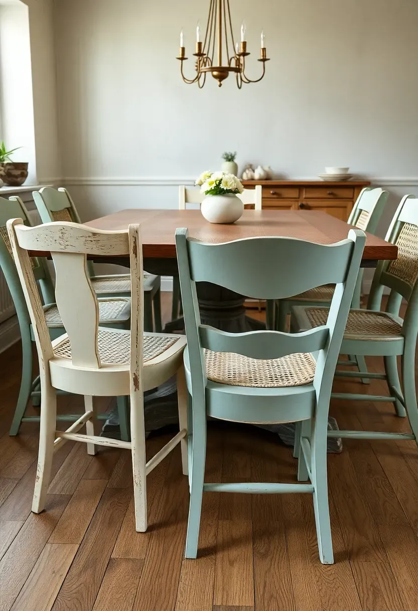 Collection of six mismatched vintage dining chairs in cream, sage, and powder blue arranged around a weathered oak table in a cottage dining room