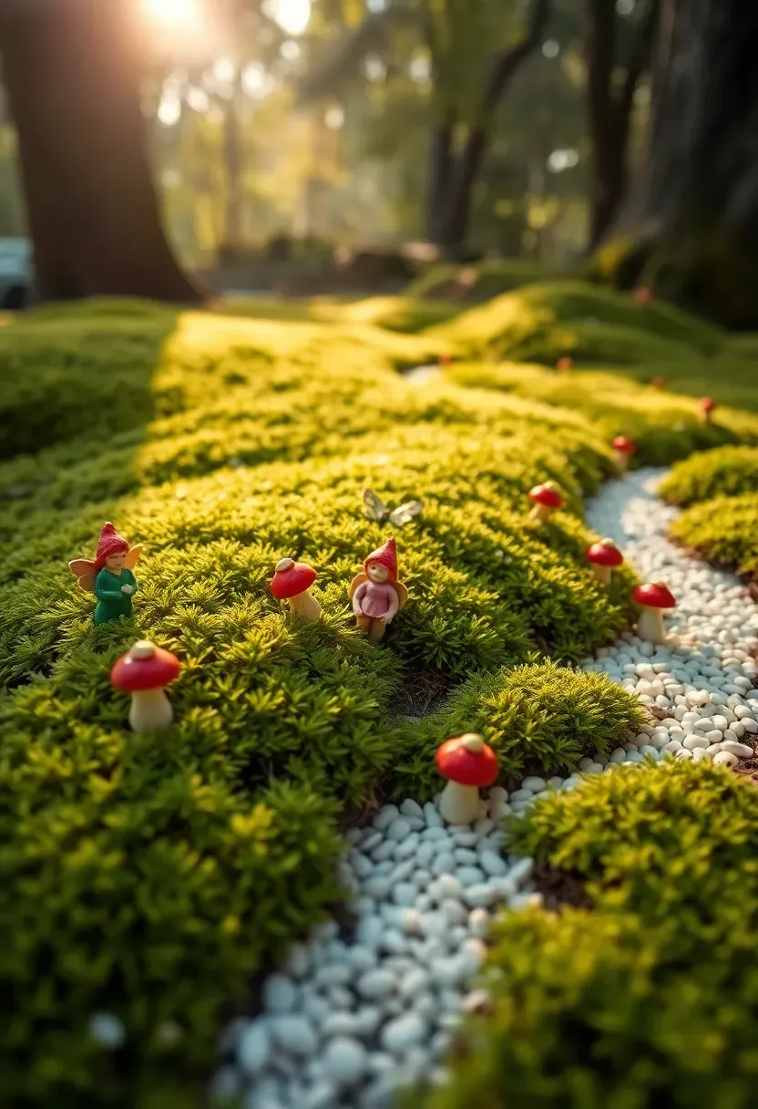 A lush carpet of bright green moss covering a shaded garden area with tiny fairy figurines, miniature toadstools, and a winding pebble stream bed