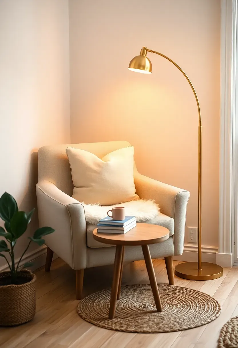 Hyper-realistic 3/4 view of a cozy reading nook corner in Scandinavian living room. Light beige upholstered armchair with white faux sheepskin throw, linen lumbar pillow. Brass arc floor lamp directing warm light onto reading area. Small round oak side table with stacked books and steaming ceramic mug. White walls, light wood floor with small jute rug. Potted snake plant nearby. Warm ambient lighting, intimate cozy mood. Materials: beige linen, faux sheepskin, brass, light oak, jute, ceramic. Soft golden light, shallow depth of field, sharp details on textures, visible room context, no text, no logos.</p>
