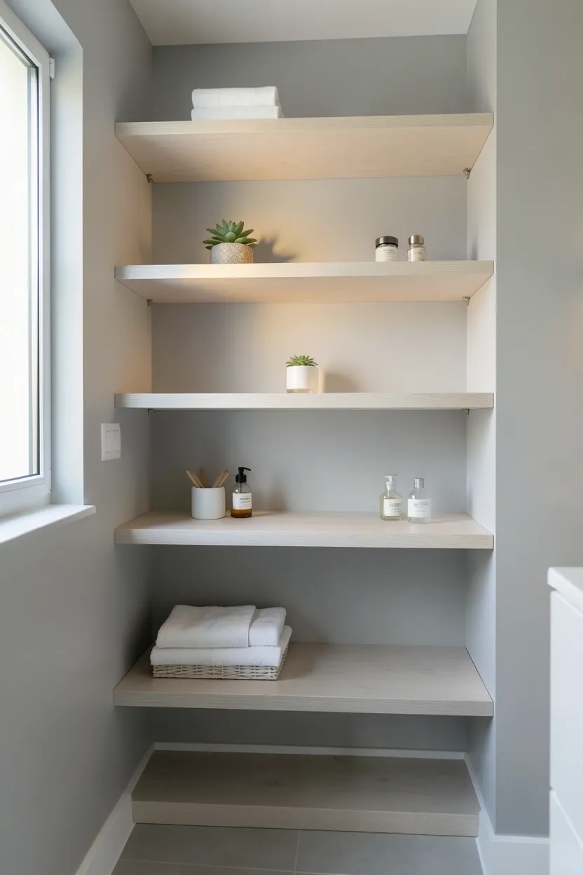 Floor-to-ceiling vertical storage shelves with folded towels and baskets in a small apartment bathroom